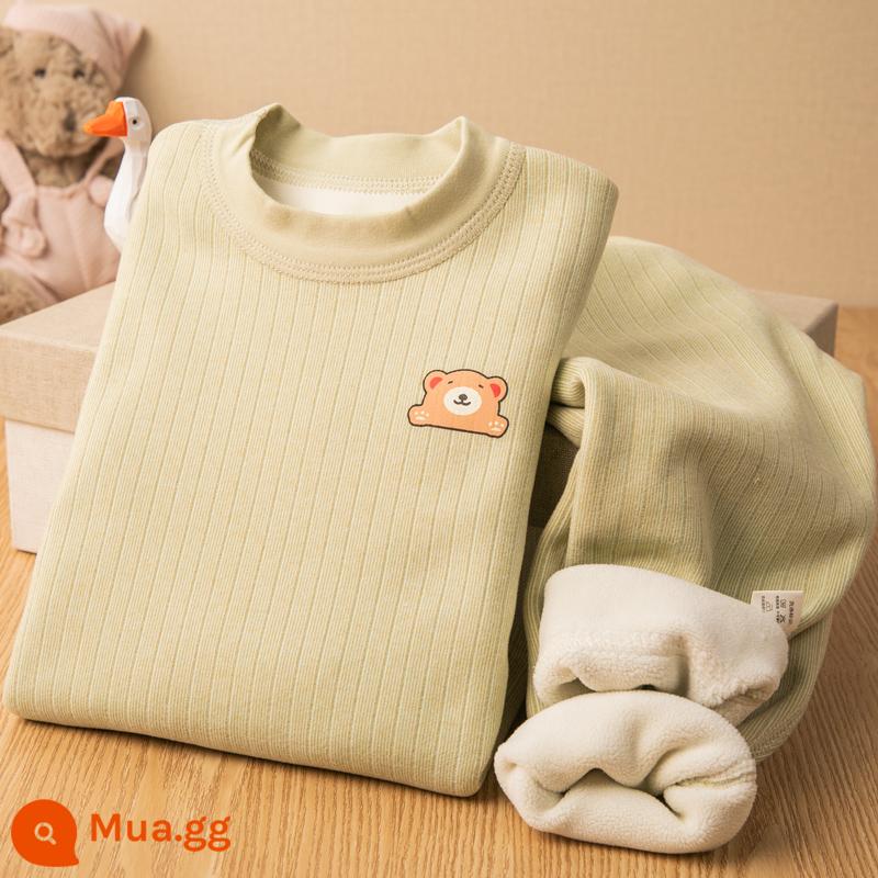 Bộ đồ lót giữ nhiệt trẻ em cộng với nhung và cotton nguyên chất dày dặn Quần áo mùa thu và quần vệ sinh cho bé trai Quần áo bé gái cotton mùa thu đông - Không xương cộng với nhung dày-xanh