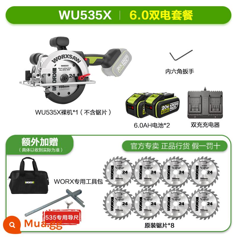 Vickers WU535XWU533 không chổi than sạc chế biến gỗ lithium di động điện cưa tròn máy công cụ điện - Pin kép WU535X-6.0 và sạc kép [8 lưỡi cưa chính hãng + thước dẫn hướng]