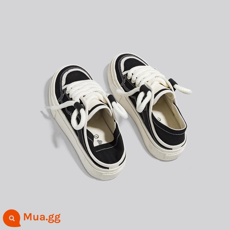 Mùa hè năm 2023 mới thường ngày thoáng khí 2 nhỏ màu trắng giày nữ Slip-On cho nữ nửa kéo giày vải nữ - đen