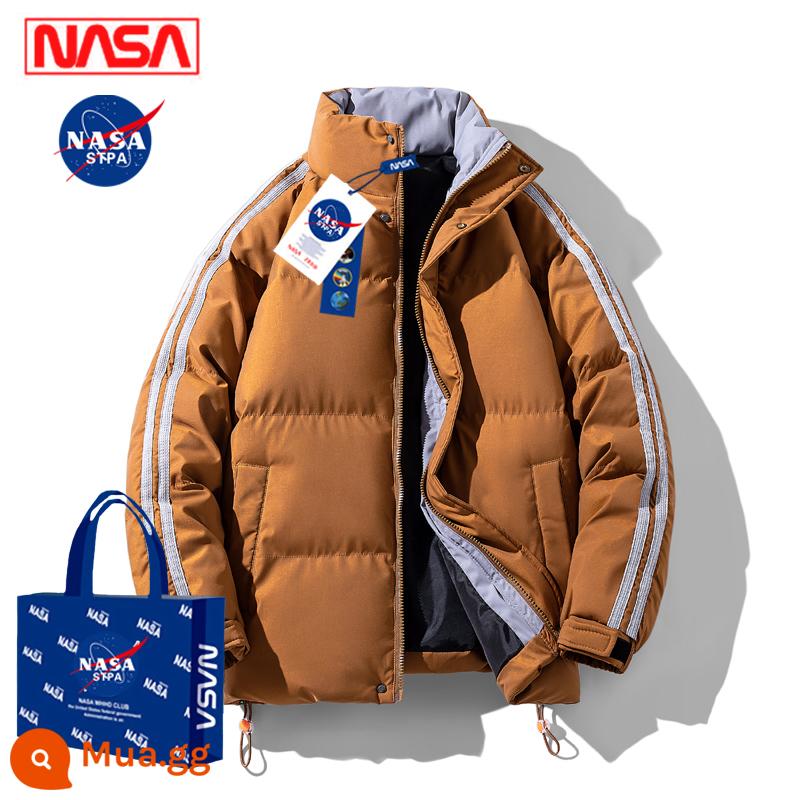 Áo khoác lông vũ đồng thương hiệu của NASA Áo khoác cotton mùa đông nam dày dặn hợp thời trang cỡ lớn cổ đứng áo khoác nam áo khoác nam - Nâu [hai sọc] [dày và ấm áp]