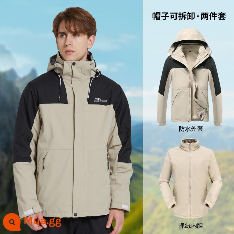 Thương hiệu lớn cùng phong cách 2022 New Cook Shark Jacket nam nữ ba trong một có thể tháo rời cộng nhung dày dặn chống gió chống thấm nước - Kaki nam