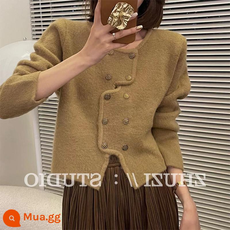 Xiaoxiangfeng Đỏ Áo Len Cardigan Nữ Thu Đông Thu Đông Nhỏ Ngắn Pháp Cổ Tròn Chất Lượng Cao Áo Khoác Dệt Kim - Khaki