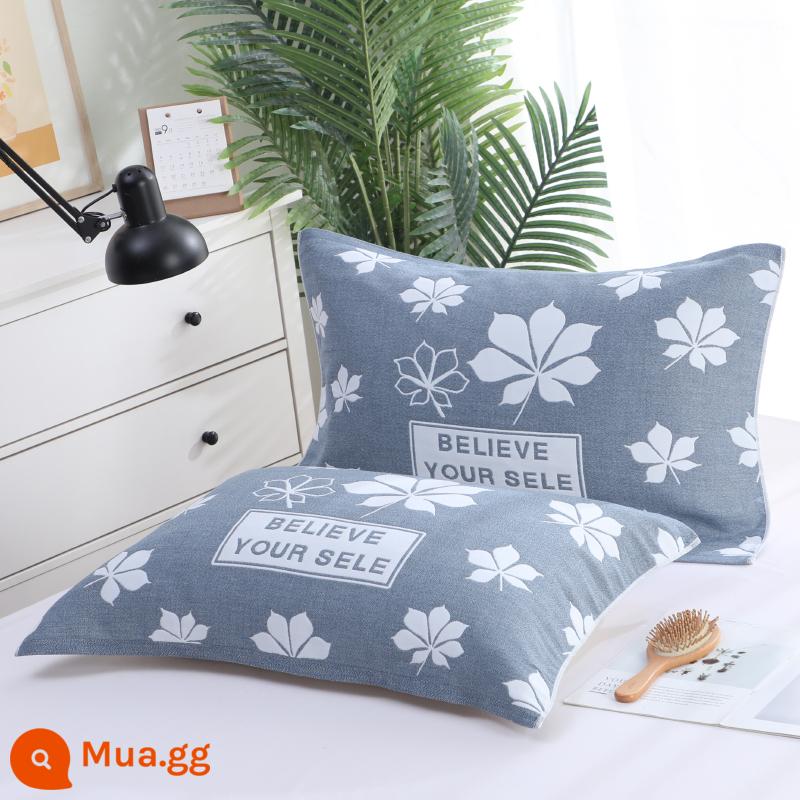 Khăn gối cotton nguyên chất cotton gạc dày vài gối đầu khăn một đôi người lớn Plus bốn mùa gối đơn bao khăn - Lá phong trắng xanh 1 đôi