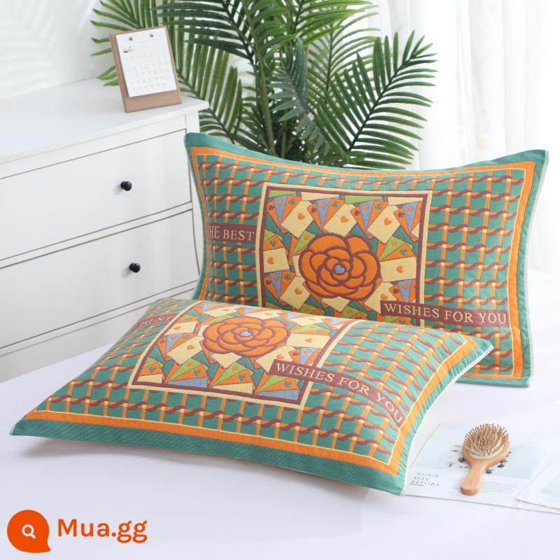 Khăn gối cotton nguyên chất cotton gạc dày vài gối đầu khăn một đôi người lớn Plus bốn mùa gối đơn bao khăn - Xanh mận 1 đôi