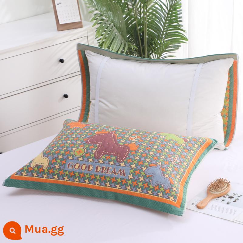 Khăn gối cotton nguyên chất cotton gạc dày vài gối đầu khăn một đôi người lớn Plus bốn mùa gối đơn bao khăn - [Phong cách dây đeo được nâng cấp] Trojan Green 1 đôi