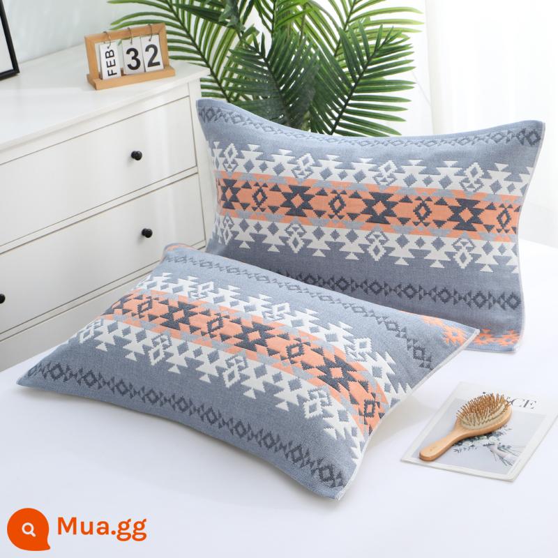 Khăn gối cotton nguyên chất cotton gạc dày vài gối đầu khăn một đôi người lớn Plus bốn mùa gối đơn bao khăn - Cặp màu xanh Bohemian