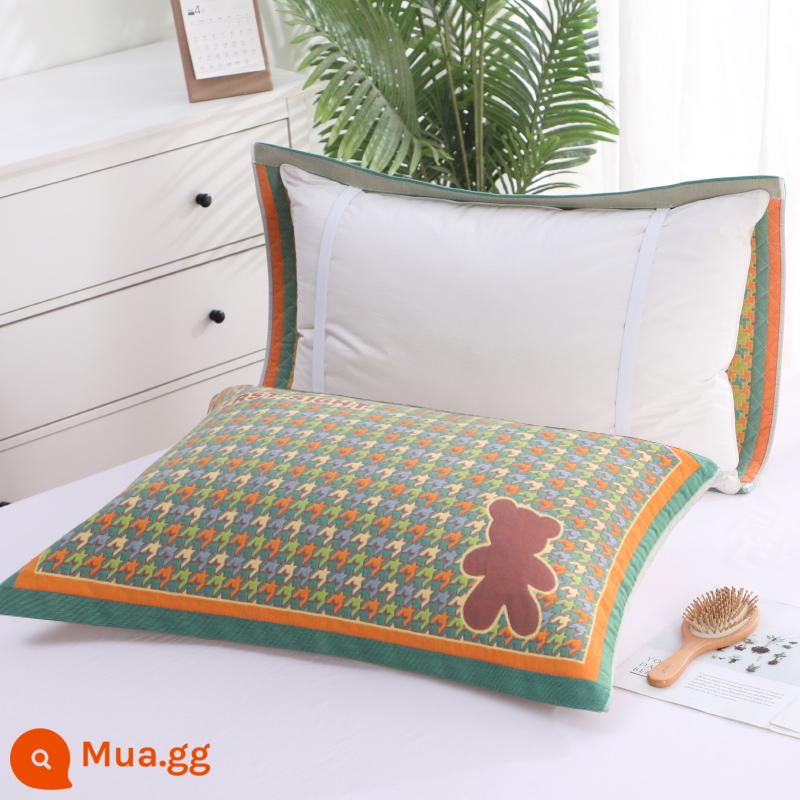 Khăn gối cotton nguyên chất cotton gạc dày vài gối đầu khăn một đôi người lớn Plus bốn mùa gối đơn bao khăn - [Phong cách dây đeo nâng cấp] Chidori Bear Green 1 Đôi