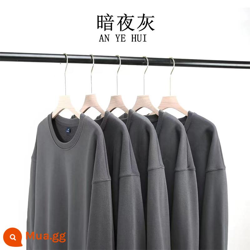 Áo thun cotton nguyên chất có in logo theo yêu cầu, quần áo làm việc bằng nhung mùa thu đông, đồng phục cổ tròn tùy chỉnh, tay dài, quần áo làm việc in theo yêu cầu - màu xám đêm