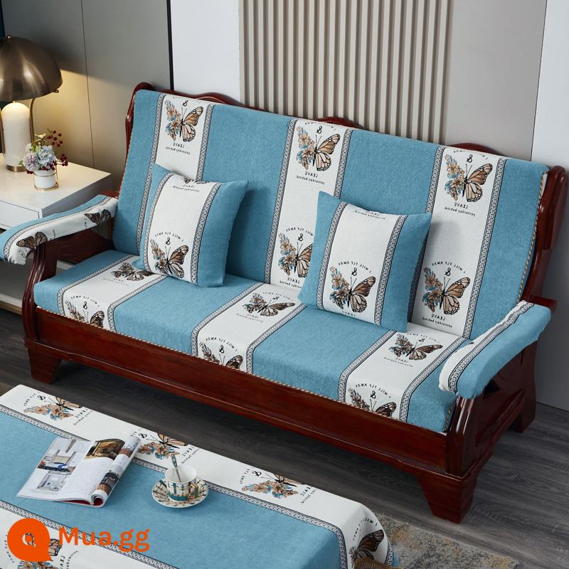 Đệm sofa gỗ gụ kiểu cũ bằng gỗ chắc chắn, ghế mùa xuân và mùa thu, ba người có tựa lưng, đệm xốp mật độ cao của Trung Quốc - Hồ Điệp Liên Hoa xanh