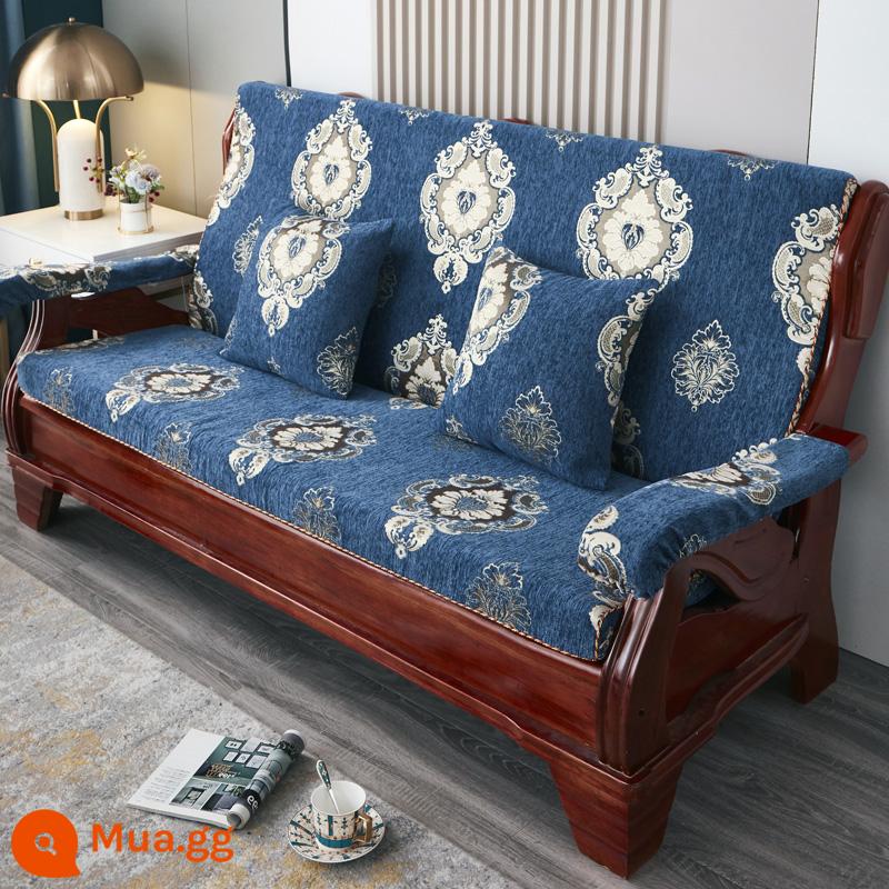 Đệm sofa gỗ gụ kiểu cũ bằng gỗ chắc chắn, ghế mùa xuân và mùa thu, ba người có tựa lưng, đệm xốp mật độ cao của Trung Quốc - màu xanh thanh lịch