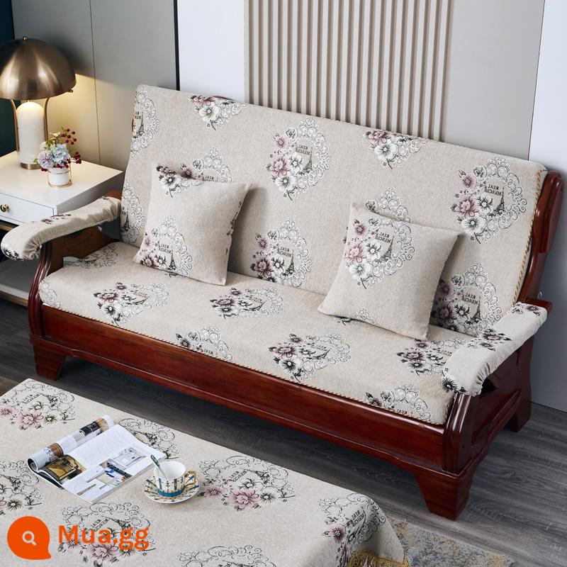 Đệm sofa gỗ gụ kiểu cũ bằng gỗ chắc chắn, ghế mùa xuân và mùa thu, ba người có tựa lưng, đệm xốp mật độ cao của Trung Quốc - Kaki thổ cẩm hoa màu vàng nhạt