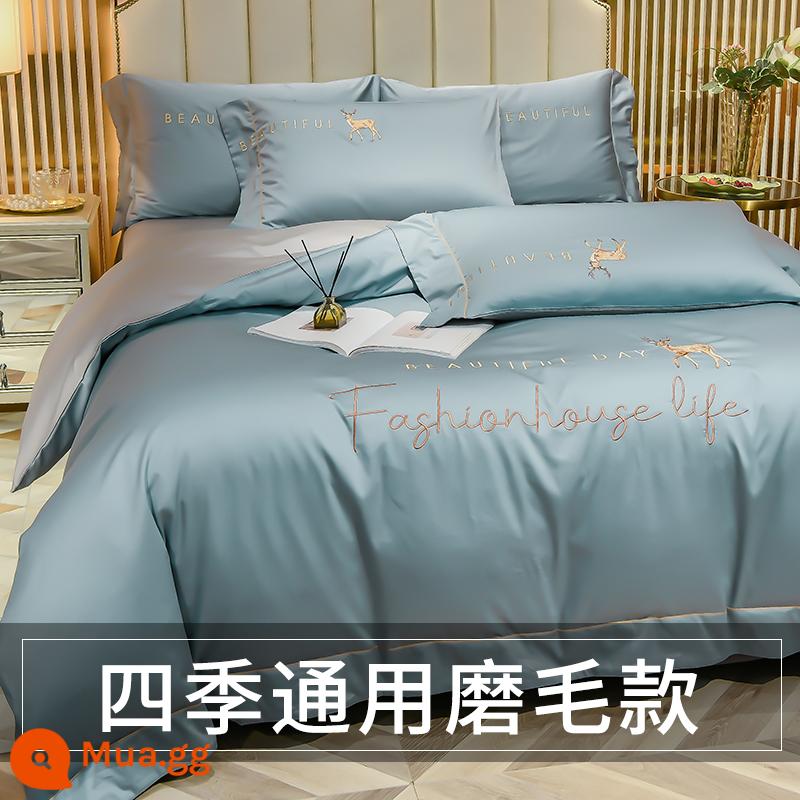 Lụa Băng Bộ 4 Món Nhẹ Sang Trọng Cao Cấp Mùa Hè Giường Vỏ Chăn Lụa Tencel Trang Bị Tấm 3 bộ Chăn Ga Gối - Yilu có em - xanh biển (kiểu chải chuốt)