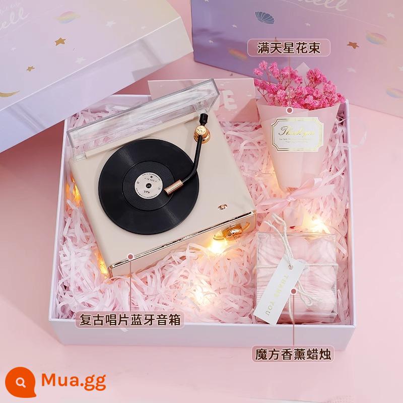 Báo động retro loa bluetooth loa không dây âm thanh nhỏ mini -heavy bass cao -trình ăn bản ghi vinyl chất lượng - Bột Morandi + nến thơm [hộp quà tinh tế]