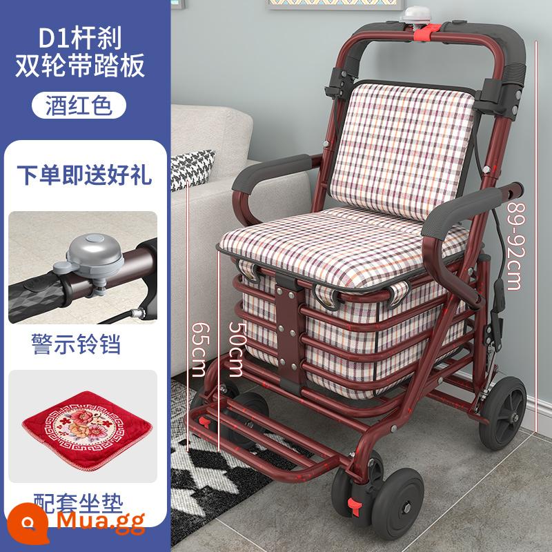 Xe trượt scooter dành cho người lớn di động dành cho người lớn tuổi, xe đẩy đựng đồ bốn bánh để mua hàng tạp hóa, xe đẩy hàng có thể gập lại, xe lăn - Không cần lắp đặt - Bánh xe đôi phanh đòn bẩy D1 có chuông và bàn đạp - màu đỏ rượu vang