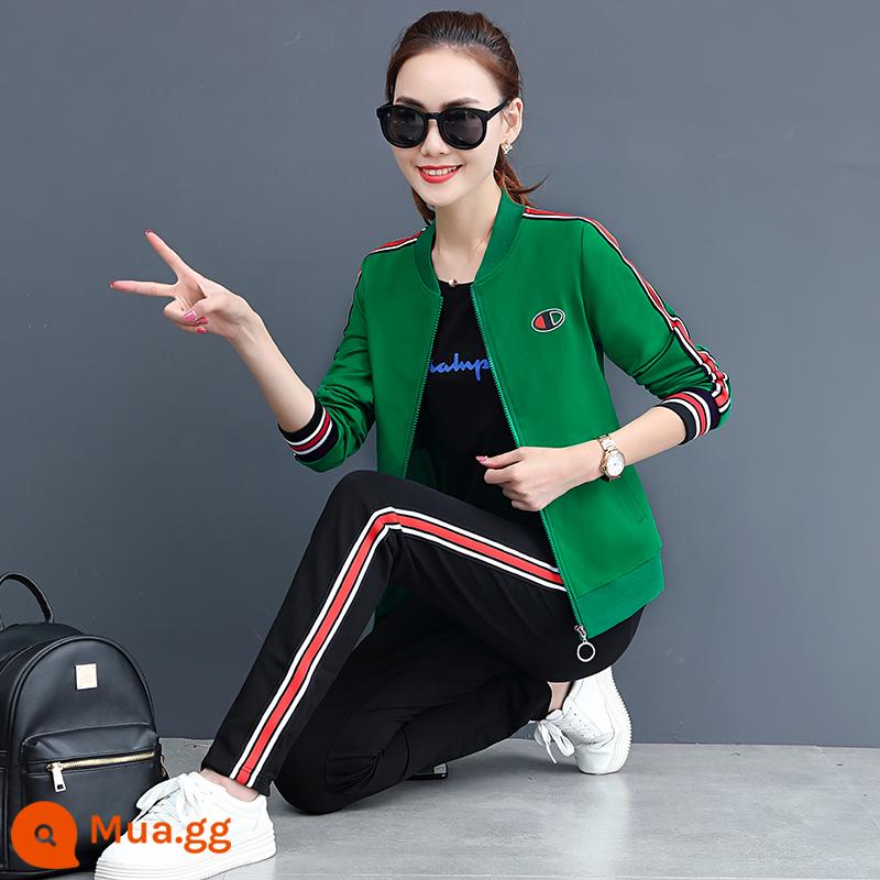 Mùa xuân và mùa thu 2023 phong cách Hàn Quốc mới thời trang thường ngày bộ đồ thể thao chạy bộ nữ áo len ba mảnh bộ đồ bóng chày - màu xanh lá