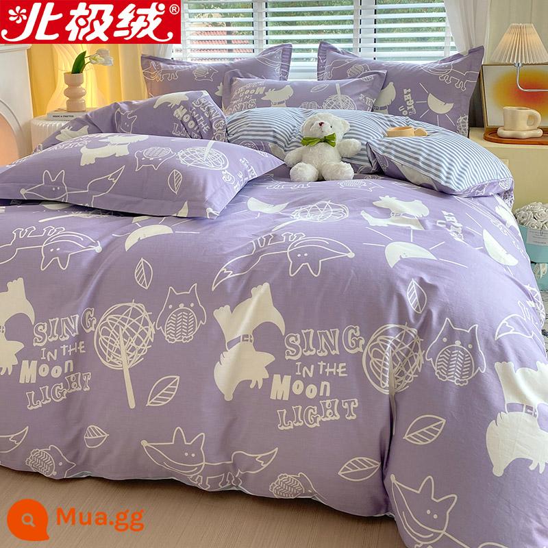 Nhung Bắc Cực Giường Bốn Bộ Cotton Nguyên Chất 100 Tờ Vỏ Chăn 3 Trang Bị Tấm Đơn Giản Chăn Ga Gối Mùa Đông 4 - Bản tình ca ánh trăng-Tím