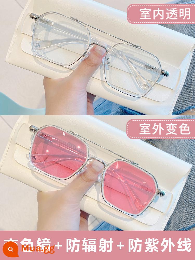 Kính photochromic khung kính hai chùm chống bức xạ xanh chống tia cực tím của phụ nữ Cận thị nam có thể được trang bị độ ánh sáng phẳng - Khung trong suốt-Tấm thay đổi màu hồng 0 độ [đổi màu + chống bức xạ + chống tia cực tím]