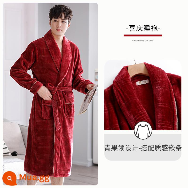 Knorr Fen Pyjamas Áo Ngủ Nam Thu Đông Nam Nỉ San Hô Dày Plus Nhung Flannel Áo Tắm Phiên Bản Dài - A98189 ngày màu đỏ