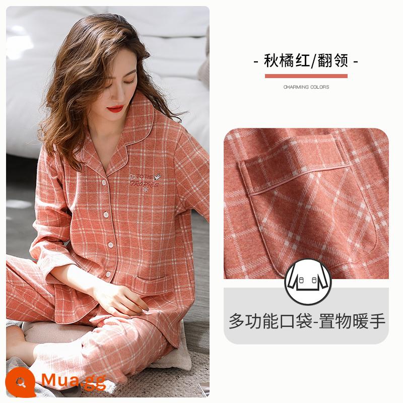 Bộ Đồ Ngủ Nữ Mùa Xuân Và Mùa Thu Mùa Thu Quần Áo Mùa Thu Cotton Nguyên Chất Dài Tay Homewear Thu Đông Mỏng Phần Cỡ Lớn Phù Hợp Với - A810613 Màu cam/ve áo mùa thu