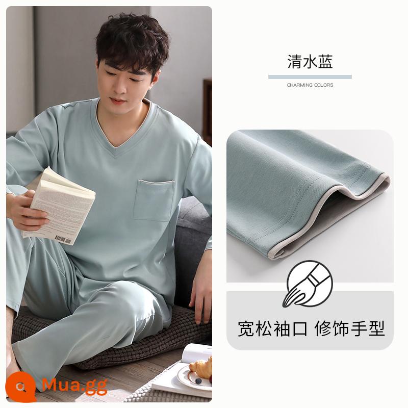 Bộ đồ ngủ nam Knorr Fen mùa xuân và mùa thu cotton nguyên chất dài tay Bộ quần áo mặc ở nhà mùa xuân và mùa hè mỏng giản dị cho nam - A911737 Nước trong xanh [cổ chữ V]