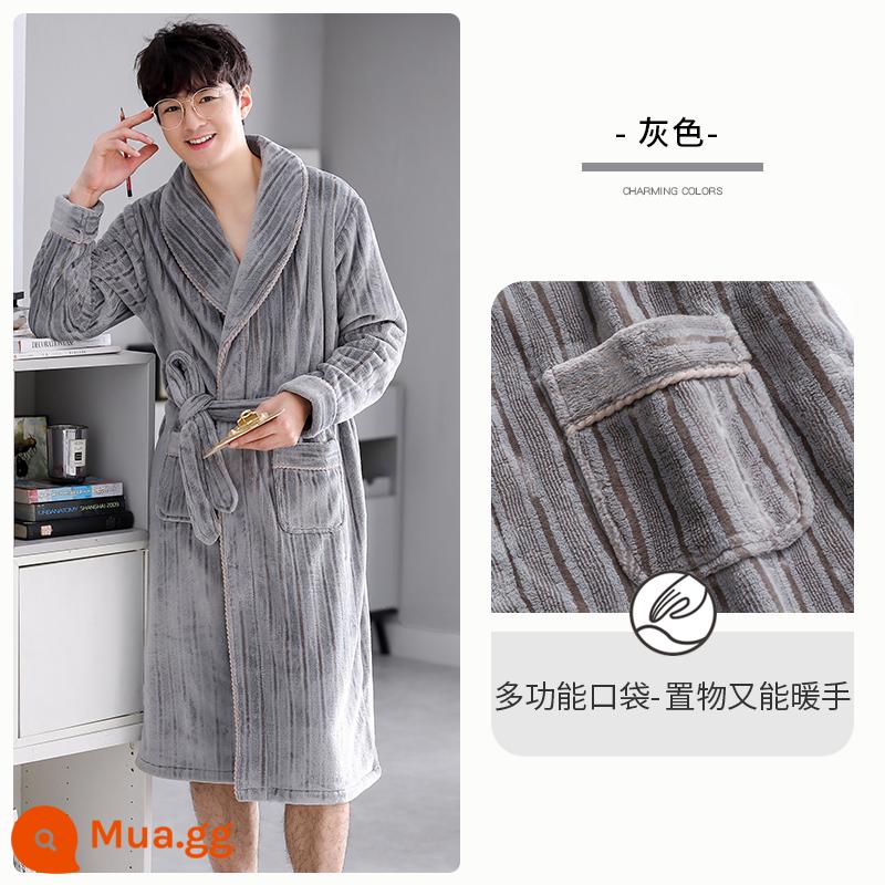 Knorr Fen Pyjamas Áo Ngủ Nam Thu Đông Nam Nỉ San Hô Dày Plus Nhung Flannel Áo Tắm Phiên Bản Dài - A936297 màu xám