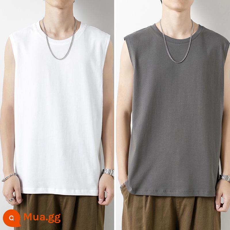 Áo vest cotton áo khoác ngoài hợp thời trang cho nam có đáy rộng áo vest bóng rổ thể dục thể thao có tay áo cắt Áo phông không tay vai rộng màu trắng chữ W - Cotton nguyên chất 1000 trắng + xám đậm