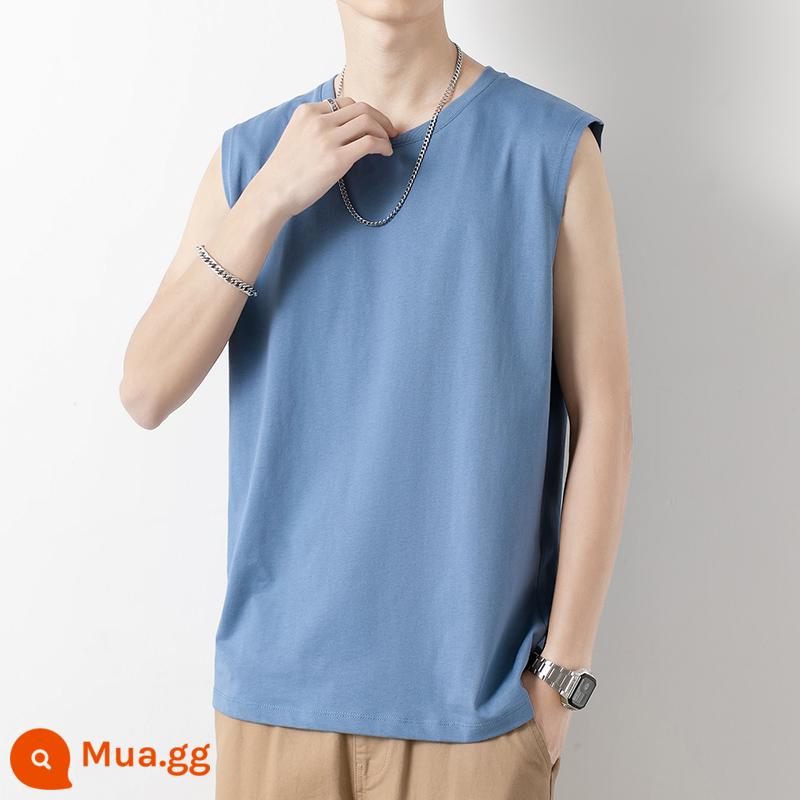 Áo vest cotton áo khoác ngoài hợp thời trang cho nam có đáy rộng áo vest bóng rổ thể dục thể thao có tay áo cắt Áo phông không tay vai rộng màu trắng chữ W - Cotton nguyên chất 1000 màu xanh nhạt