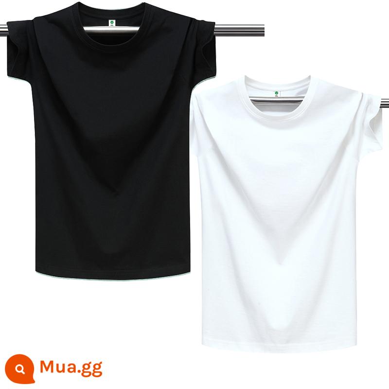 100% cotton chải kỹ màu trơn áo thun nam ngắn tay cổ tròn dáng rộng cỡ lớn nửa tay áo thun nhẹ ban mùa hè T triều - Màu đen thuần khiết + màu trắng tinh khiết