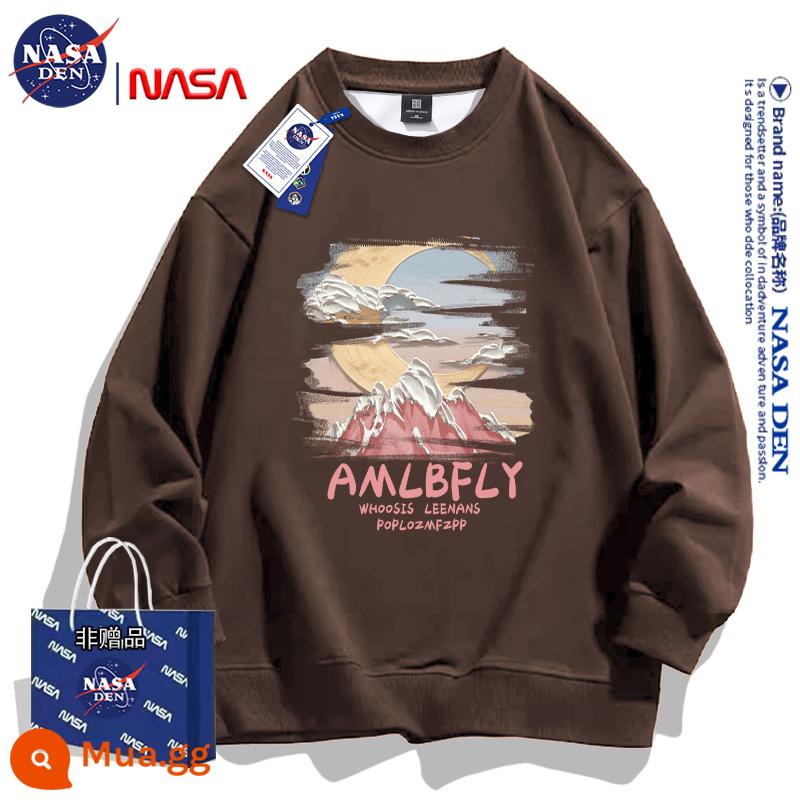 Áo nỉ hạng nặng của NASA dành cho nam giới phong cách hip-hop retro kiểu Mỹ cộng với nhung giản dị phù hợp với áo dài tay cổ tròn mùa thu đông - Màu nâu