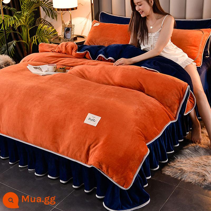 Dày nhung sữa 4 món mùa đông nhung san hô giường đồng màu 2 mặt Plus nhung Farley flannel chăn ga - Cam + xanh sapphire