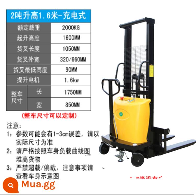 1 tấn, 2 -Ton heap bán điện cao -machine Máy nâng tự động nhỏ Xử lý xử lý tải và dỡ hàng hóa thủy lực Cao thịt bò cao - [Chất lượng cao] Sạc 2 tấn nâng 1,6 mét