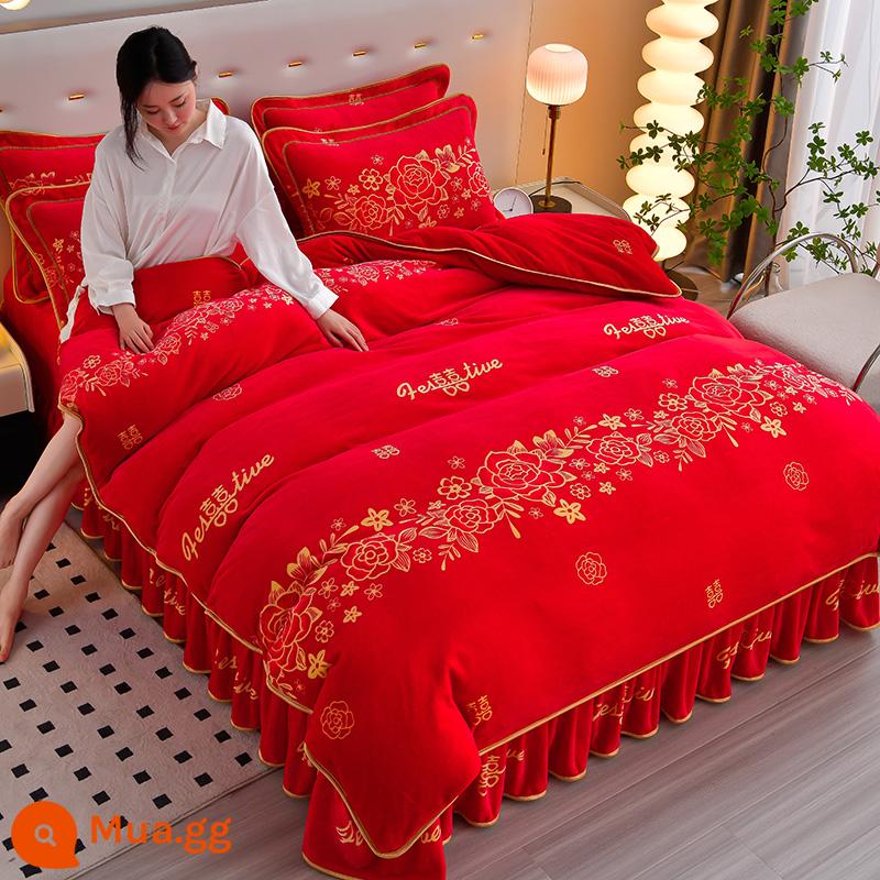 Sữa dày Velvet Bốn bộ bộ Velvet Velvet ấm áp đôi Velvet Velvet Quilting Gold Mink Velvet Bed Bed Supplies - Đám cưới ngọc vàng đỏ lớn