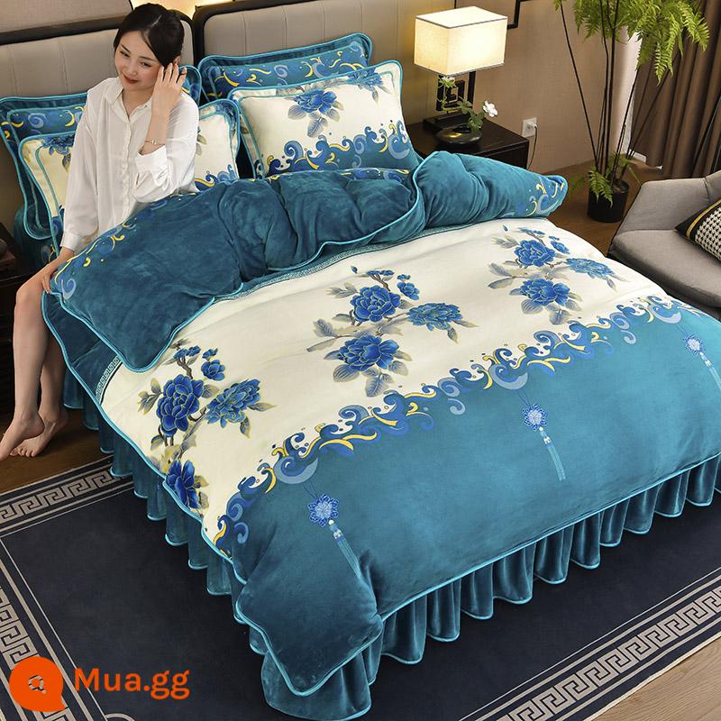 Sữa dày Velvet Bốn bộ bộ Velvet Velvet ấm áp đôi Velvet Velvet Quilting Gold Mink Velvet Bed Bed Supplies - Hoa hồng sa mạc xanh con công nở hoa