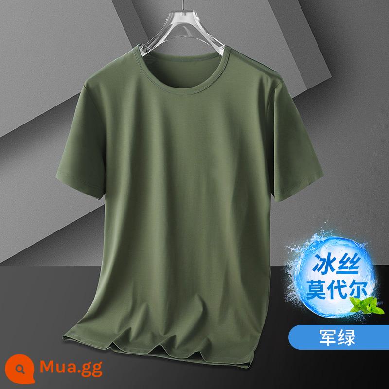 Mùa hè phương thức băng lụa mỏng màu trắng ngắn tay T-shirt thủy triều thương hiệu nửa tay quần áo nam đáy T-shirt - quân đội xanh