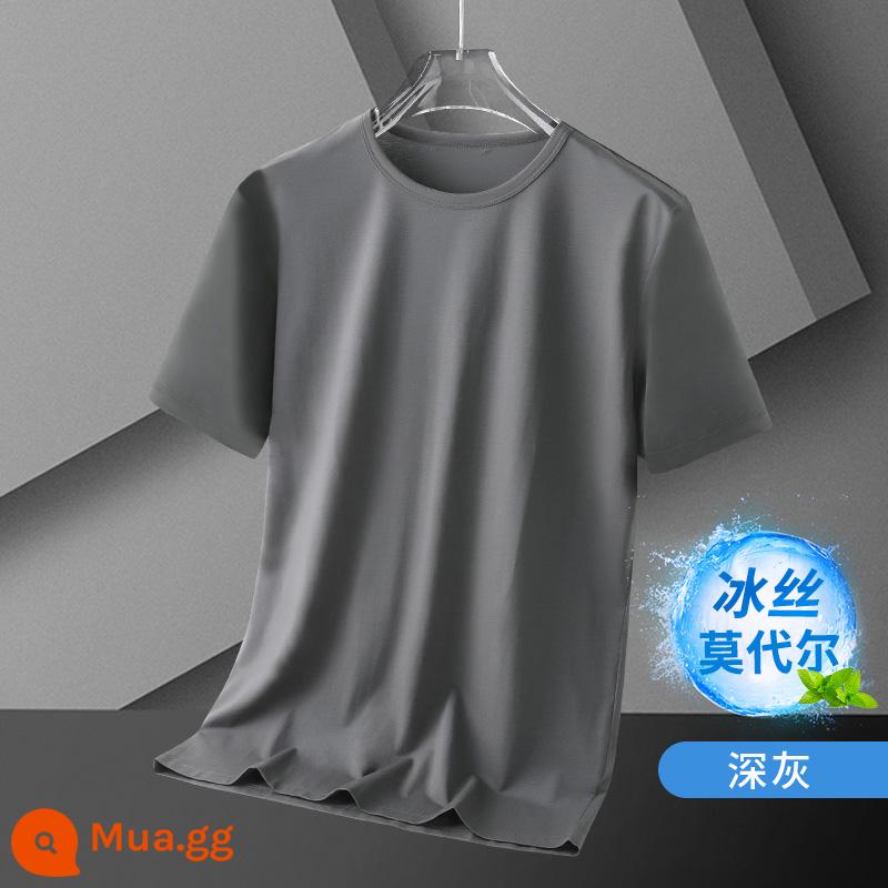 Mùa hè phương thức băng lụa mỏng màu trắng ngắn tay T-shirt thủy triều thương hiệu nửa tay quần áo nam đáy T-shirt - Màu xám đậm