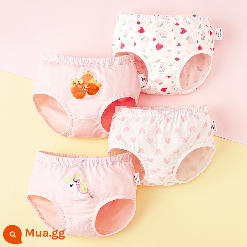 Quần lót trẻ em bé gái cotton nguyên chất tam giác cho bé 100% không kẹp mông PP bé gái con lớn quần lót boxer cotton - Strawberry Pony (Tam giác) Loại A nguyên chất cotton không PP 4 gói