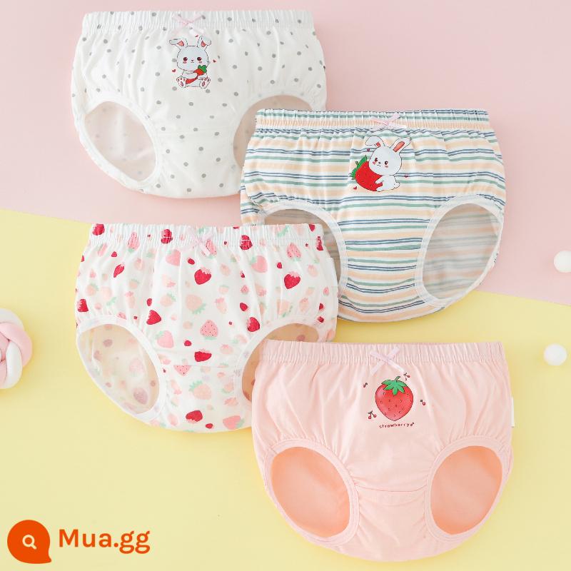 Quần lót trẻ em bé gái cotton nguyên chất tam giác cho bé 100% không kẹp mông PP bé gái con lớn quần lót boxer cotton - Dâu Thỏ (Tam giác) Loại A cotton nguyên chất không PP 4 gói