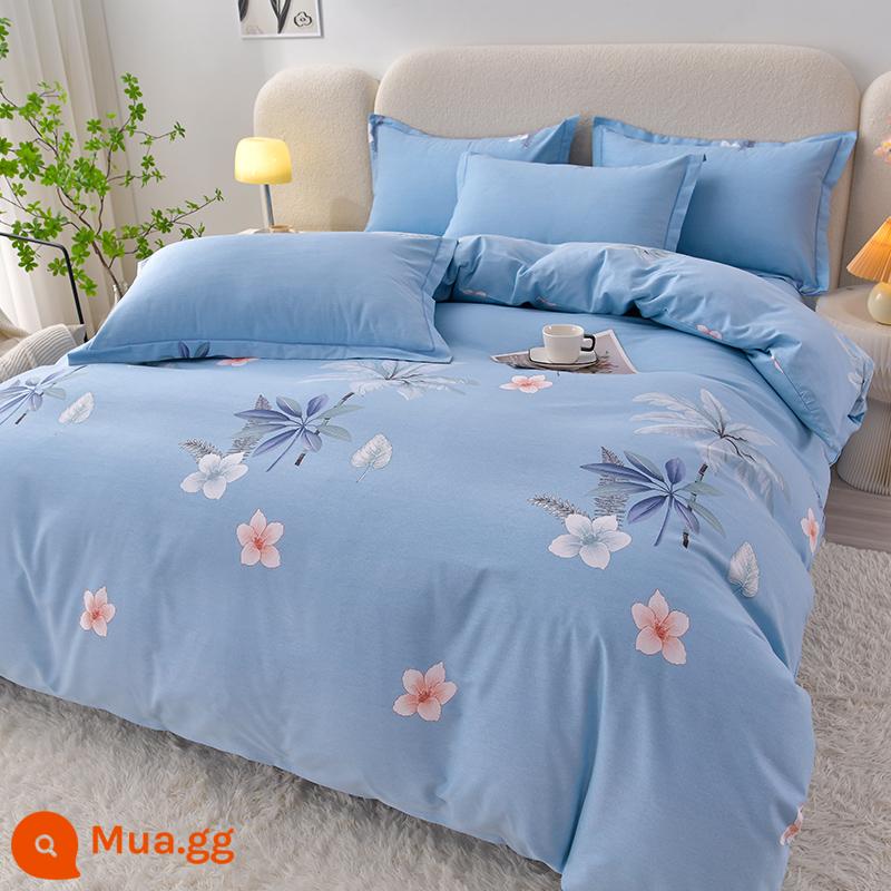 Cao cấp dày nguyên chất cotton chải bốn mảnh Bộ 100 tấm cotton vỏ chăn được trang bị tấm chăn ga gối đệm ba mảnh vỏ chăn - Phong lan nhiệt đới xanh nhạt-RC