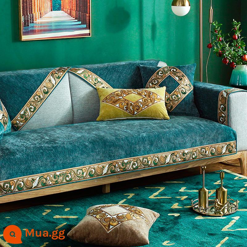 Bắc Âu Đèn Ghế Sofa Cao Cấp Đệm Bốn Mùa Đa Năng Viền Chống Trơn Trượt Đơn Giản Đệm Ghế Sofa Hiện Đại Tựa Lưng Khăn - Diana-Xanh