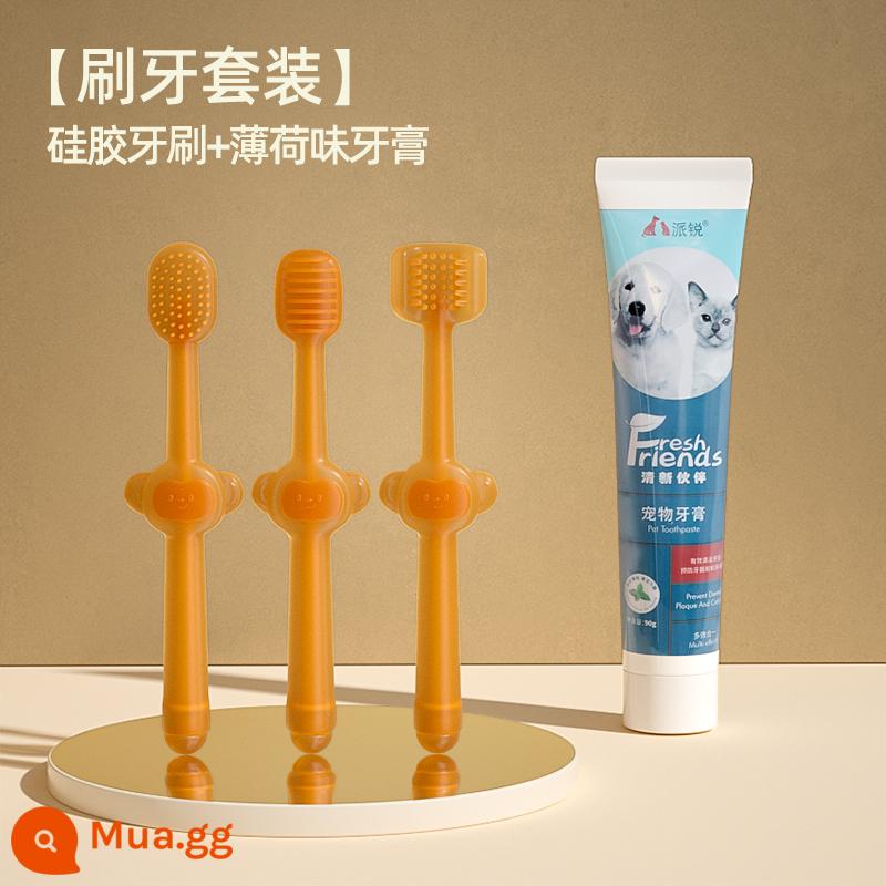 Mèo Cưng Silicone Bàn Chải Đánh Răng Nhỏ Cho Mèo Bàn Chải Răng Cho Chó Bộ Kem Đánh Răng Loại Bỏ Hôi Miệng Ăn Được Làm Sạch Răng Tiếp Liệu - [Bộ 3] Bàn chải đánh răng silicon + kem đánh răng hương bạc hà