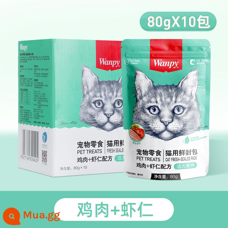 Gói tươi nghịch ngợm Đồ ăn nhẹ đóng hộp cho mèo Wanpy dinh dưỡng và vỗ béo cho mèo thức ăn ướt tươi tuyệt vời thức ăn chủ yếu cho mèo thức ăn hỗn hợp cho mèo dải - Dinh dưỡng sức sống-Gà + Tôm (80g*10 gói)