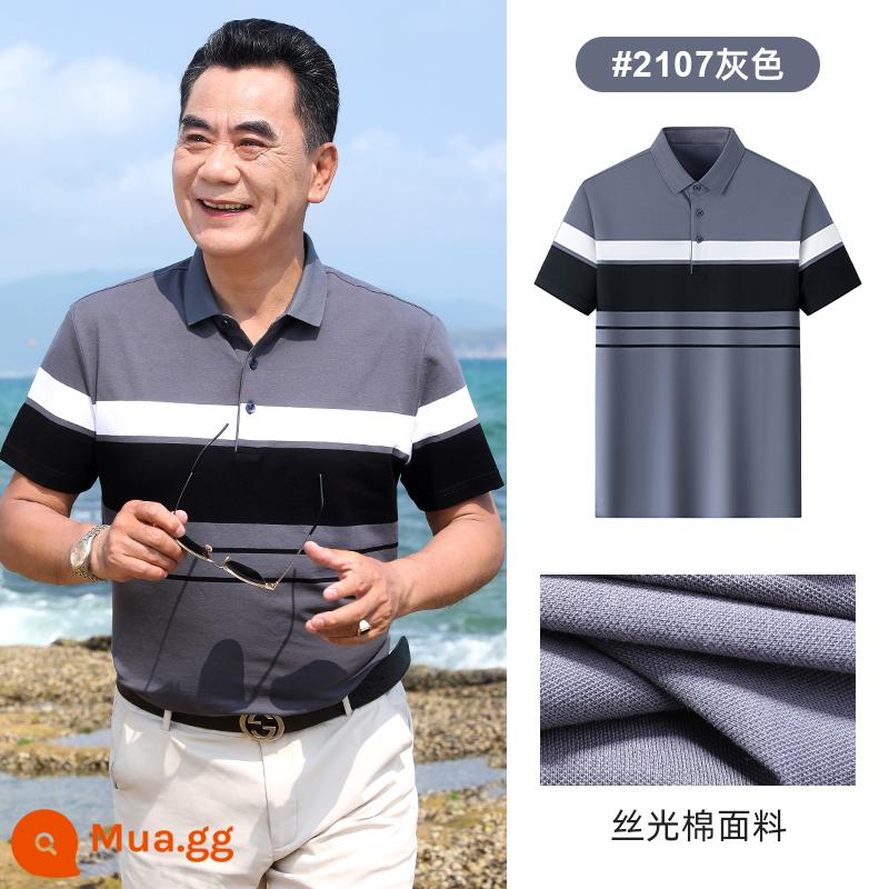 Bố áo thun ngắn tay mùa hè dành cho nam giới trung niên và cao tuổi áo khoác cotton làm bóng cho nam giới trung niên áo thun polo giản dị dành cho bố - Màu xám [bông được làm bóng]