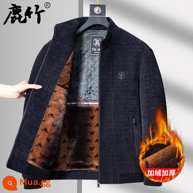 Bố áo khoác chenille xuân thu áo khoác len nam trung niên và người cao tuổi áo cardigan mùa thu nam trung niên - 2303C xám đen [kiểu cổ đứng]