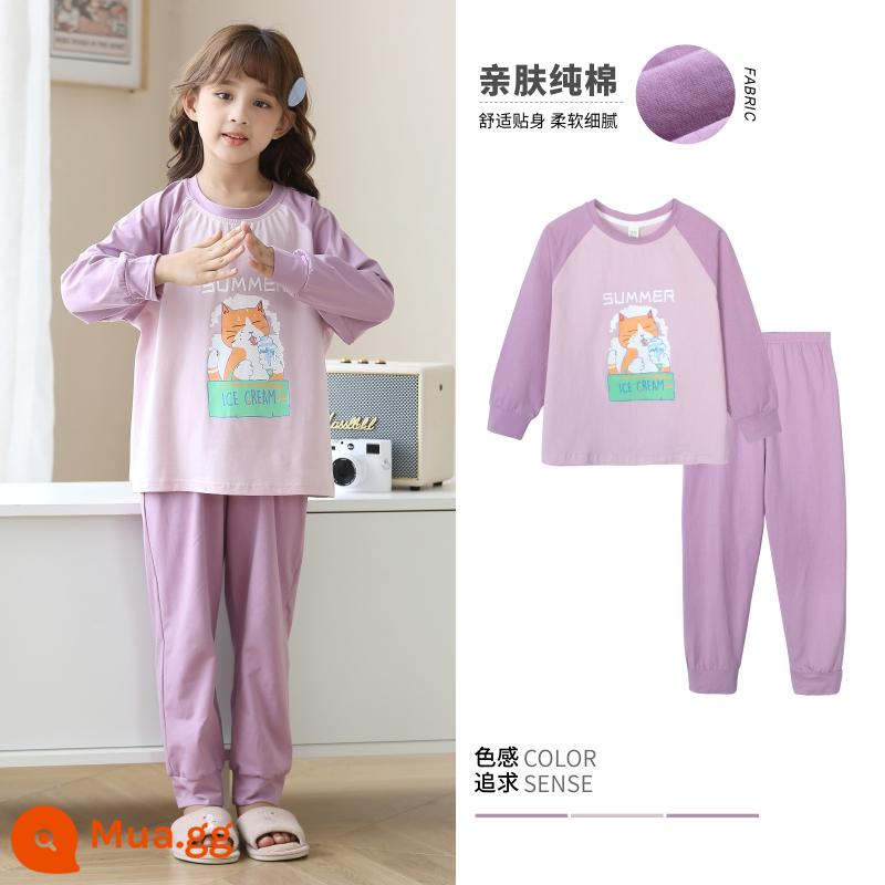 LuluNiu 2023 Bộ Đồ Ngủ Trẻ Em Thu Đông Nữ Xuân Thu Cotton Nguyên Chất Lớn Trẻ Em Bé Gái Cotton Công Chúa Quần Áo Ở Nhà Phong Cách Mới - 12207-Tím