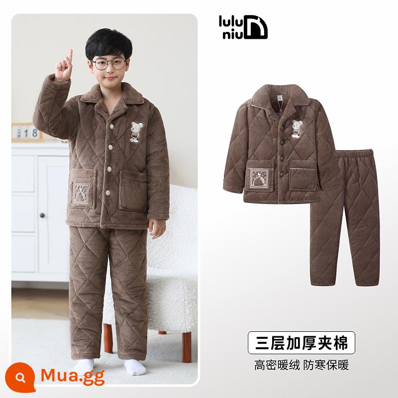 Bộ đồ ngủ trẻ em mùa đông Luluoxi Bộ quần áo mặc ở nhà dành cho bé trai bằng vải flannel dày ba lớp cộng với nhung dành cho trẻ em cỡ vừa và lớn - 83038-nâu hạt dẻ