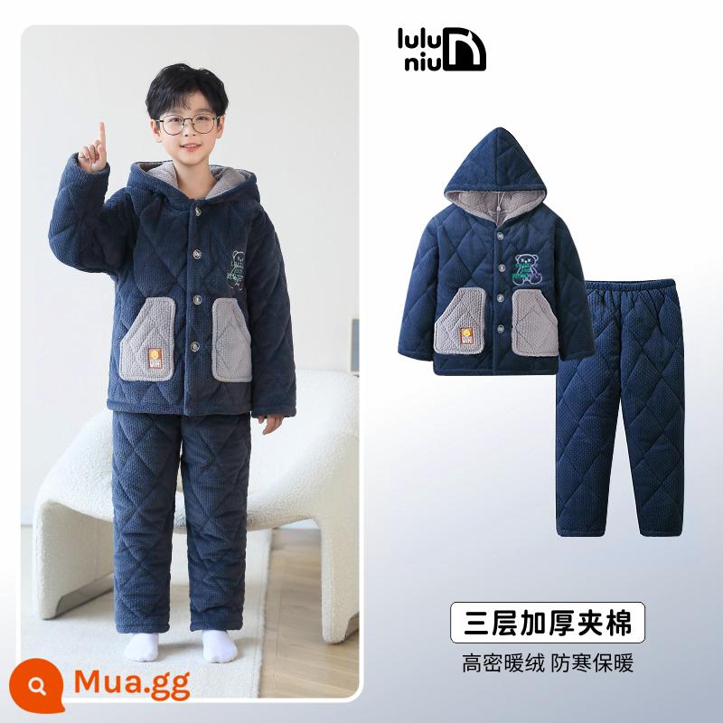 Bộ đồ ngủ trẻ em mùa đông Luluoxi Bộ quần áo mặc ở nhà dành cho bé trai bằng vải flannel dày ba lớp cộng với nhung dành cho trẻ em cỡ vừa và lớn - 83028-Xám đậm