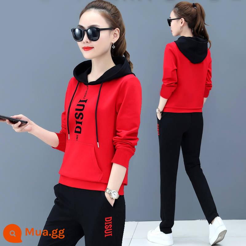 2022 Mùa thu và mùa đông Bộ đồ thể thao mới Bộ đồ nữ kích thước lớn In Jersey Hooded Casual Hooded Running Two -Chuỗi nữ - Bộ áo hai mảnh + quần đỏ