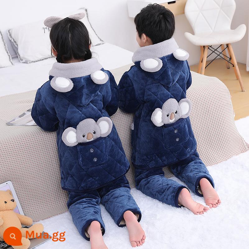 Bộ đồ ngủ trẻ em bé gái mùa đông cộng với nhung dày bé trai trung niên và trẻ lớn flannel ba lớp chần bông quần áo ấm ở nhà - Phiên bản mở rộng Starry Sky Blue Koala