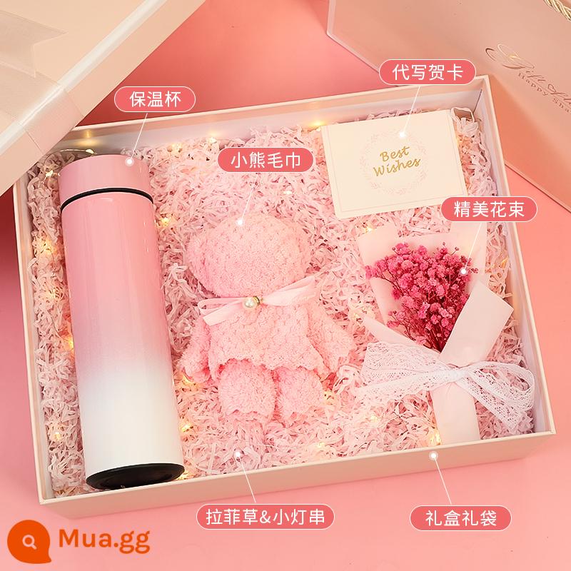 Quà tặng sinh nhật bạn gái quà tặng Valentine cao cấp thiết thực cho bạn gái, bạn bè, phù dâu, quà bầu bạn, vợ bạn gái - Cốc giữ nhiệt + khăn + bó hoa + thiệp chúc mừng + hộp quà và túi quà