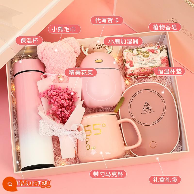 Quà tặng sinh nhật bạn gái quà tặng Valentine cao cấp thiết thực cho bạn gái, bạn bè, phù dâu, quà bầu bạn, vợ bạn gái - Cốc giữ nhiệt + cốc + đế lót ly + máy tạo độ ẩm + xà phòng thực vật + khăn + bó hoa + thiệp chúc mừng + hộp quà và túi quà